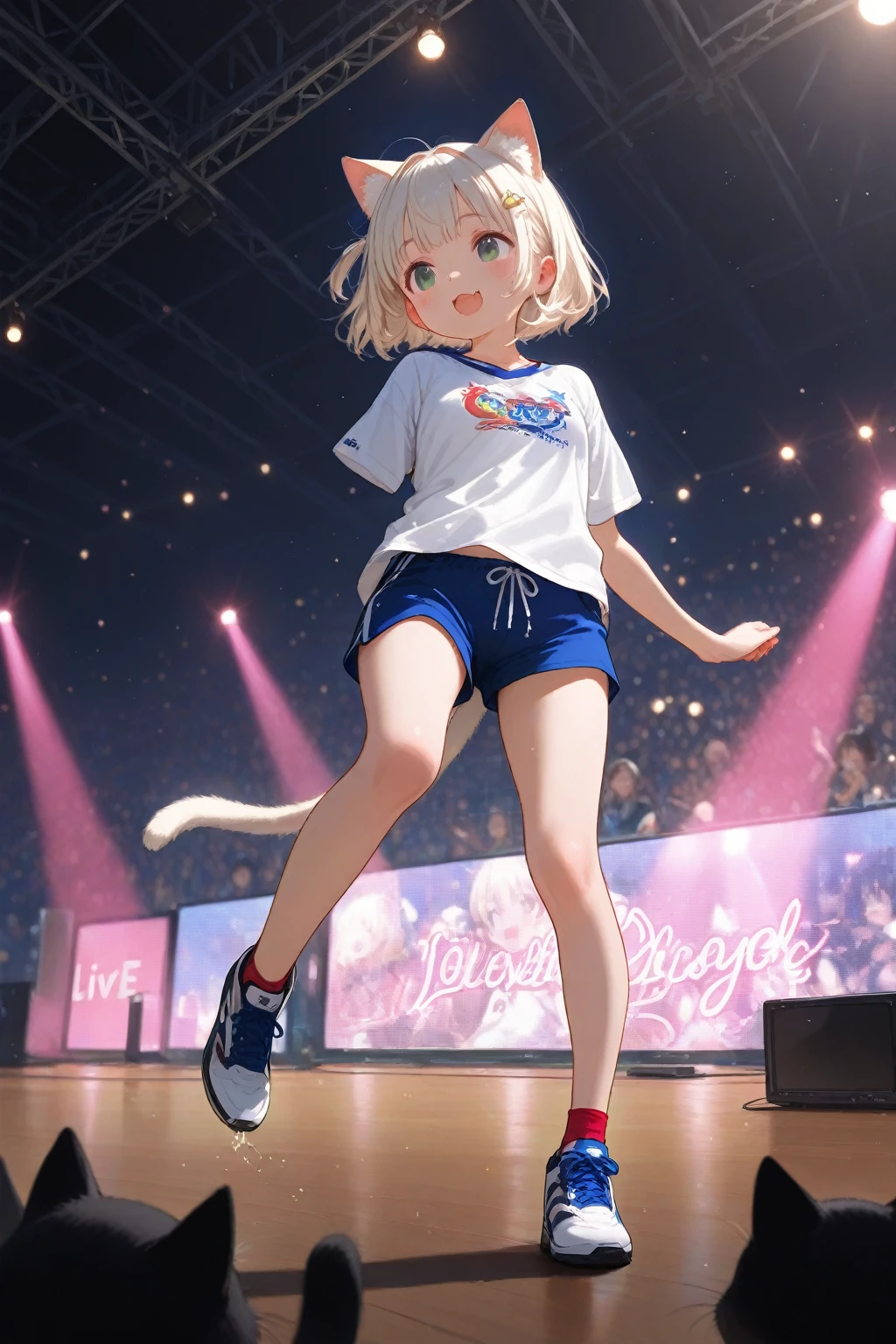 sexy、sexyなポーズ、Blonde Hair、Very Short Hair、Cat ears of the same color as the hair、Plain pink short sleeve hoodie、Short denim shorts、Belly button、sneakers、Turquoise Eyes、Flat Chest、Pure white background，Depth of written boundary，Low angle view，Calf Level View，Overclocked Renderer，Cinema Lighting，Ultra-fine，Very detailed，complicated，Cinematic Perspective，CG Art，