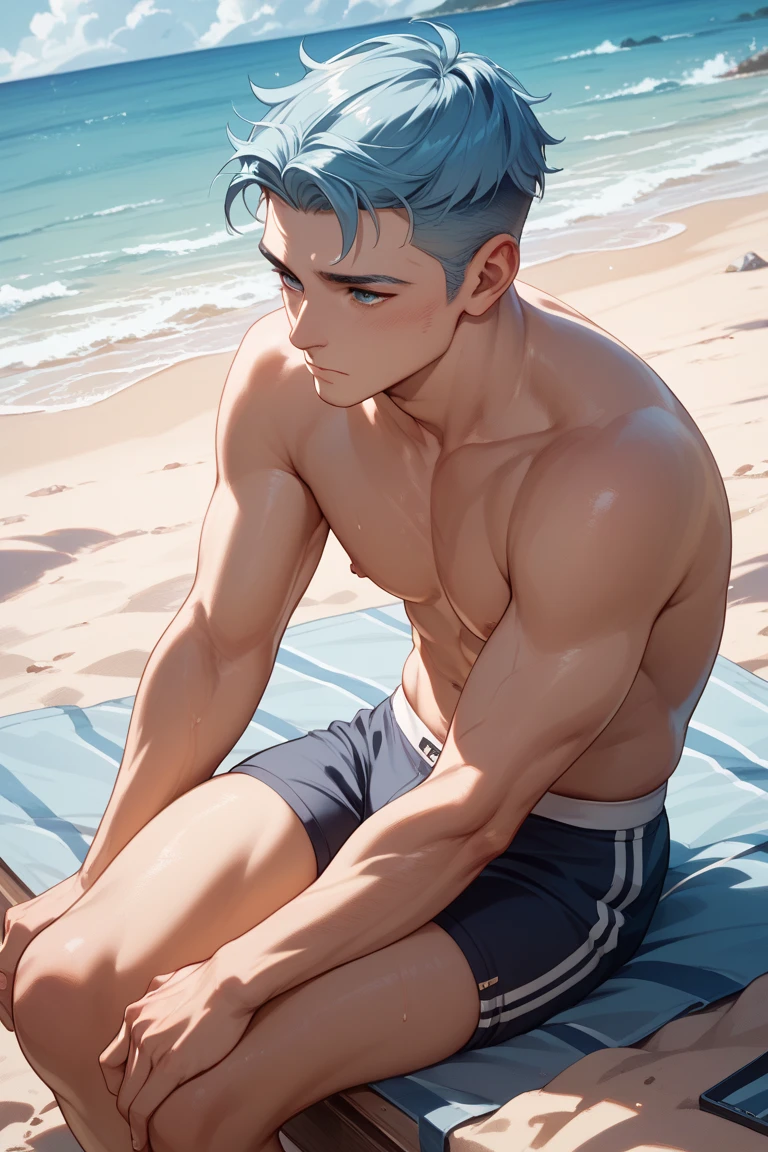 Close-up of boy stepping barefoot on sand,Light blue cat ears,Slim abs,2 d anime style,High quality anime art style,photorealestic