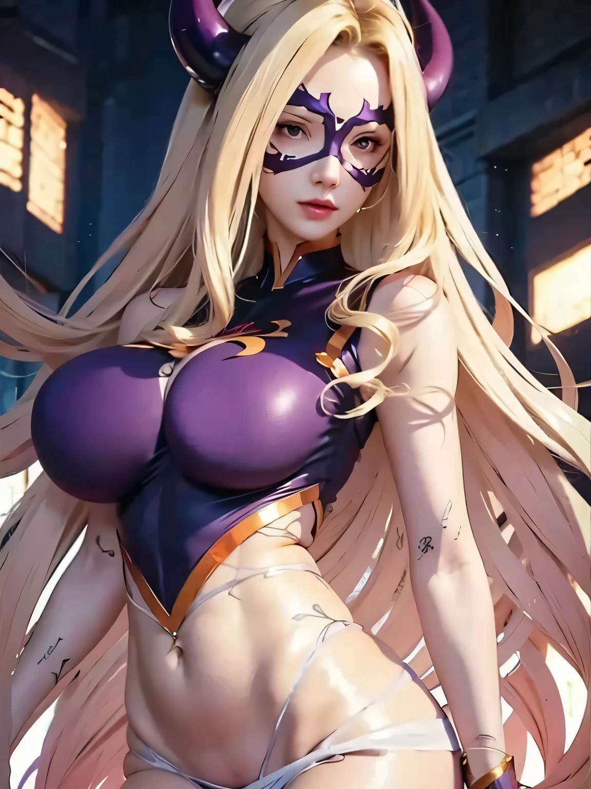 (masterpiece, best quality, hires, high resolution:1.2, 4k, 8k , high quality), extremely detailed, realistic, intricate details, highres, 1girl, solo, red long hair, blue eyes, blush, freckles, (large breasts, thick thighs, wide hips), arched back,(cinematic lighting, sunlight, perfect lighting, backlighting), eye-level shot, extreme close-up-shot, naughty look, looking at viewer, <lora:Mount_Lady_MHA_Ecsta:0.5> mount_lady_ecsta, blonde hair, horns, mask, domino mask, purple eyes, superhero, white and purple suit