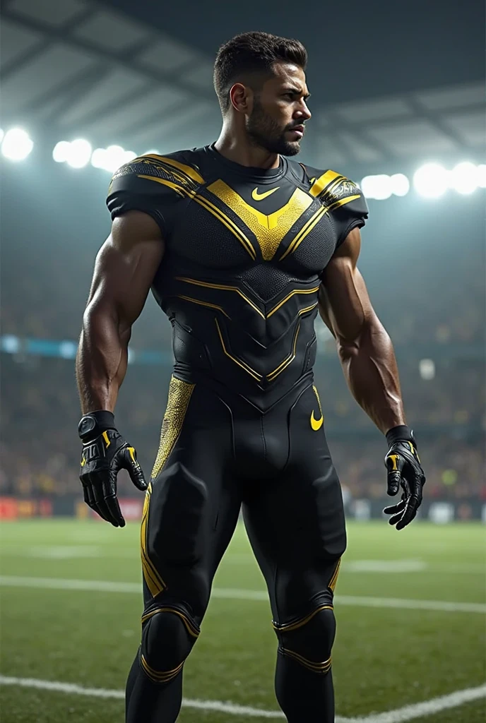 Full black football uniform with minimalist gold details 