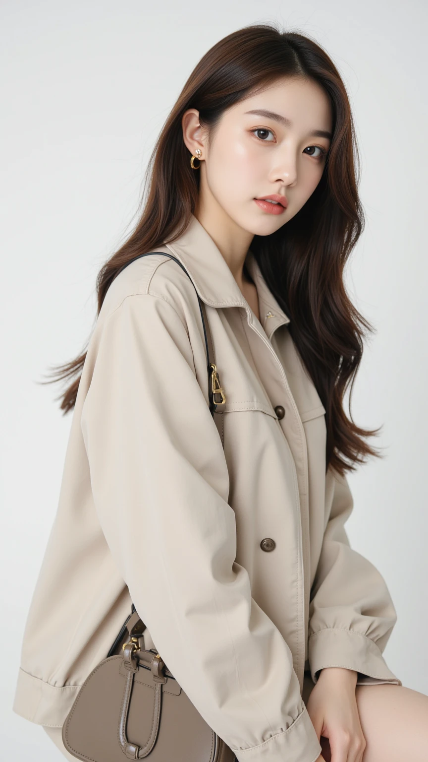 1girl, black t-shirt, brown suit, ideal body, jeans, visible navel, long hair, hands in jacket pockets, shiny sweat, details on face, ultra detail, realistic, 24k, background in dark alley