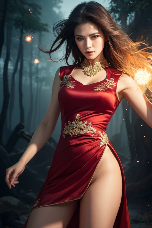 (Emma Watson) long hair:2.0, big breast:1.6, red ancient dress split, thigh gap, chest split, (on the back of a flying dragon, holding magic stick) (masterpiece) details