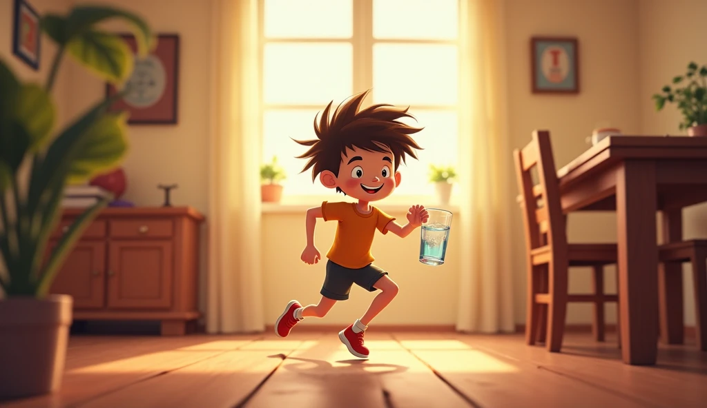 Max, a young and enthusiastic character, holding a huge water bottle, trying to drink rapidly but choking on water, his face in panic as water spills, in a brightly lit kitchen, close-up shot, Stylized 3D Animation, hyper-realistic, photo realism, cinematography."