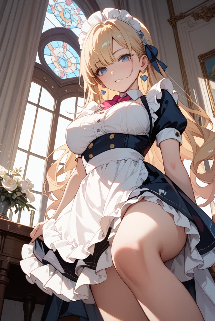 (Solo:1.2), aether, 1girl, gender swap, female version of Aether, blonde hair, yellow eyes, hair between eyes, long hair, braid, big breasts, strapless maid uniform, maid apron, cleavage, leather shoes, holding a duster