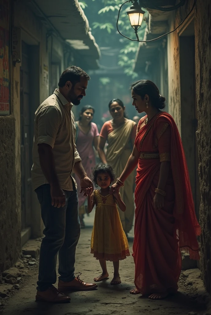 poor indian parents with their crying kids entering in a worst conditioned school with cracked walls