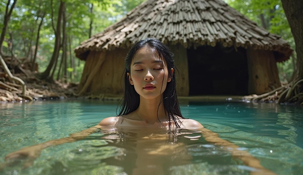 Indonesian girl is soaking in the water under a waterfall topless, hdx realistic image