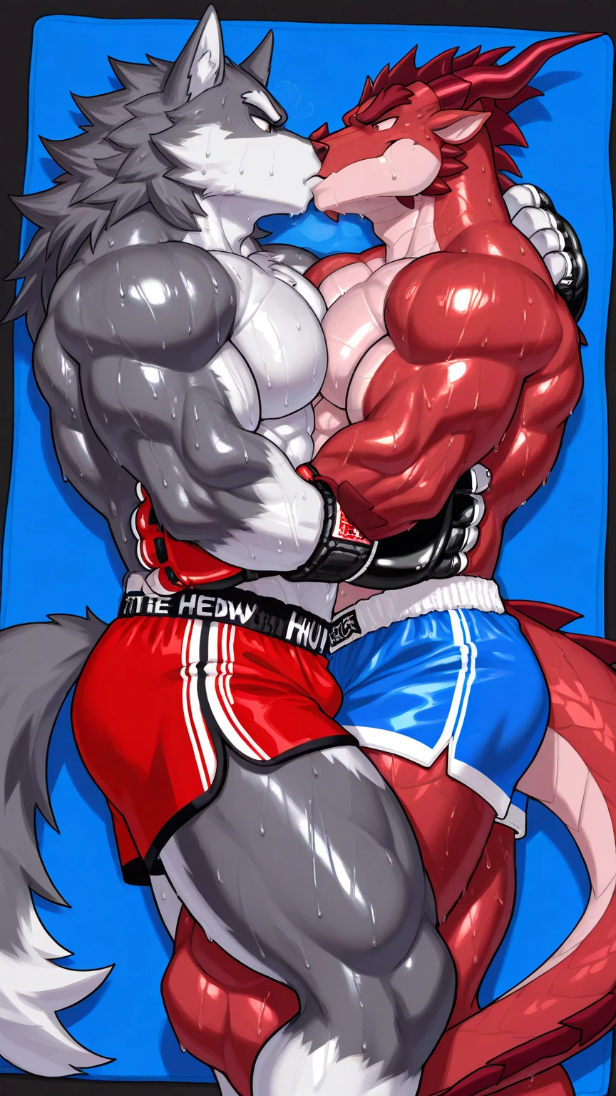 Duo big male fighters(Blue Wolf vs Red Wolf, handsomes, Thick eyebrows), beso gay((Cuddling lying down embraced from behind in a bed match)(cuddling body frottage)), hot(Full body, shirtless), handsomes(They are handsomes, correct anatomy), musculosos(Big muscle bodies, Six packs, muscle abs, big pecs, muscle legs, muscle backs), sweaty(very sweaty wet bodies), tatuajes(they have tattoos), Angry(They have an angry expression), Boxing gloves(They both are wearing boxing gloves), boxers(They are wearing black shorts boxers), Hight resolution