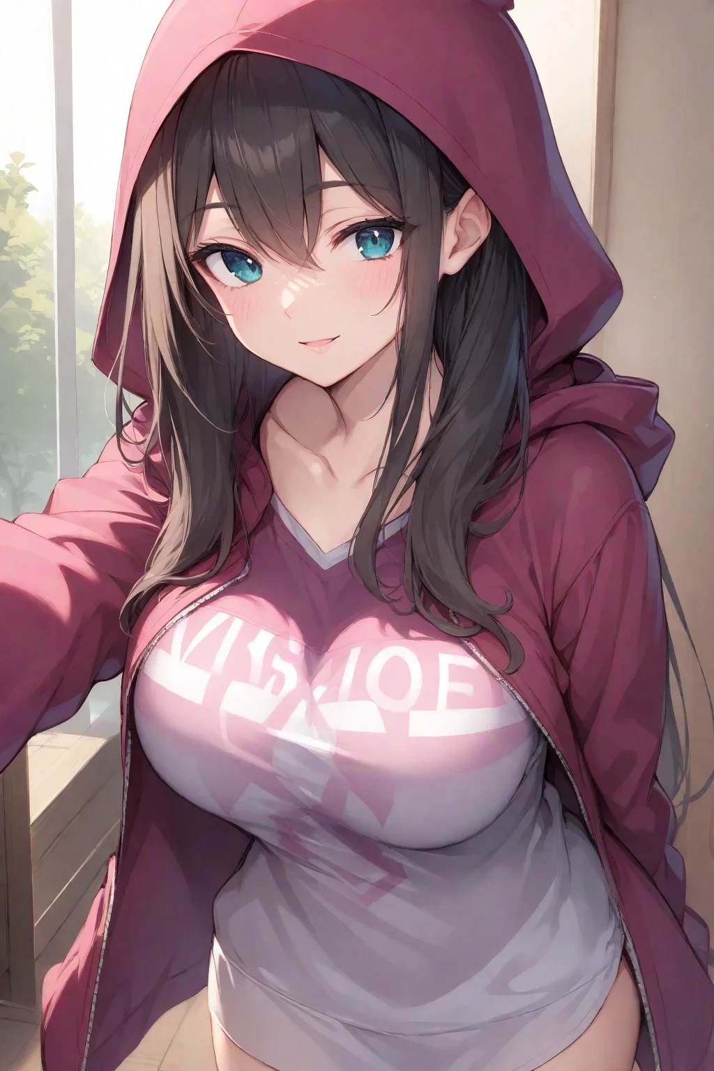 masterpiece, realistic eyes, best quality, bamboo, closed mouth, beautiful lighting, cinematic, 8k, solo, 1girl, facial, wet face, liner, wooden walls, medium tits, gray hoodie, leggings, wide hips, kamado nezuko, pink eyes,