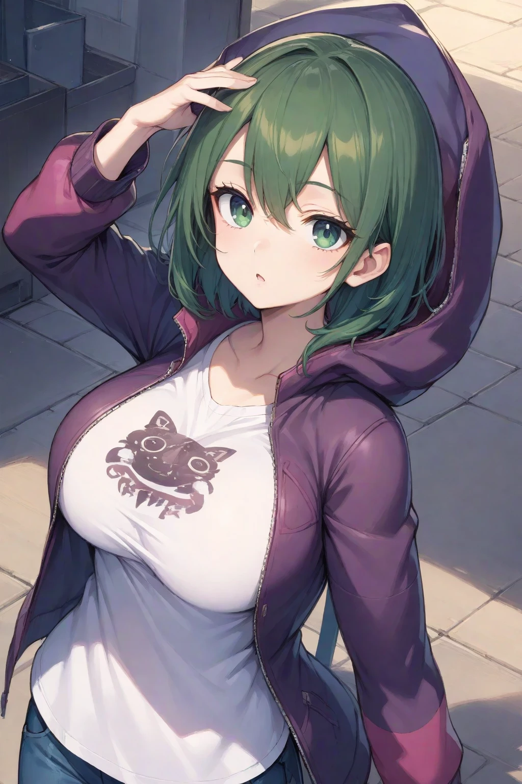 ((masterpiece, best quality)), highres, 8k, cinematic light, high contrast, depth of field, intense glow, detailed background, 1girl, cute, detailed eyes, sparkle in eyes, detailed iris, grin, stylized, (green_hair:1.3), messy hair, (hair over one eye), luminous, dreamer, dreamy eyes, sleepy, (yellow_eyes:1.3) enchanted green eyes, hood, hoodie, frog hoodie, (frog hood:1.5), froggy, (frog in disguise:1.3), unzipped hoodie, (open hoodie:1.3), large breasts, cleavage, belly button, (green_hoodie:1.3), cute, cute smile, (blushing:1.3)