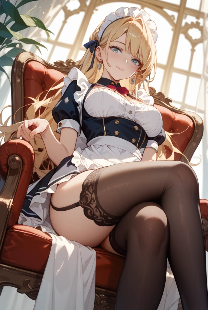 Beautiful woman, from the front, lying in desk, full body, maid dress, yellow hair, dull hair, green eyes, black red-soled heels, white stockings, cheerful face