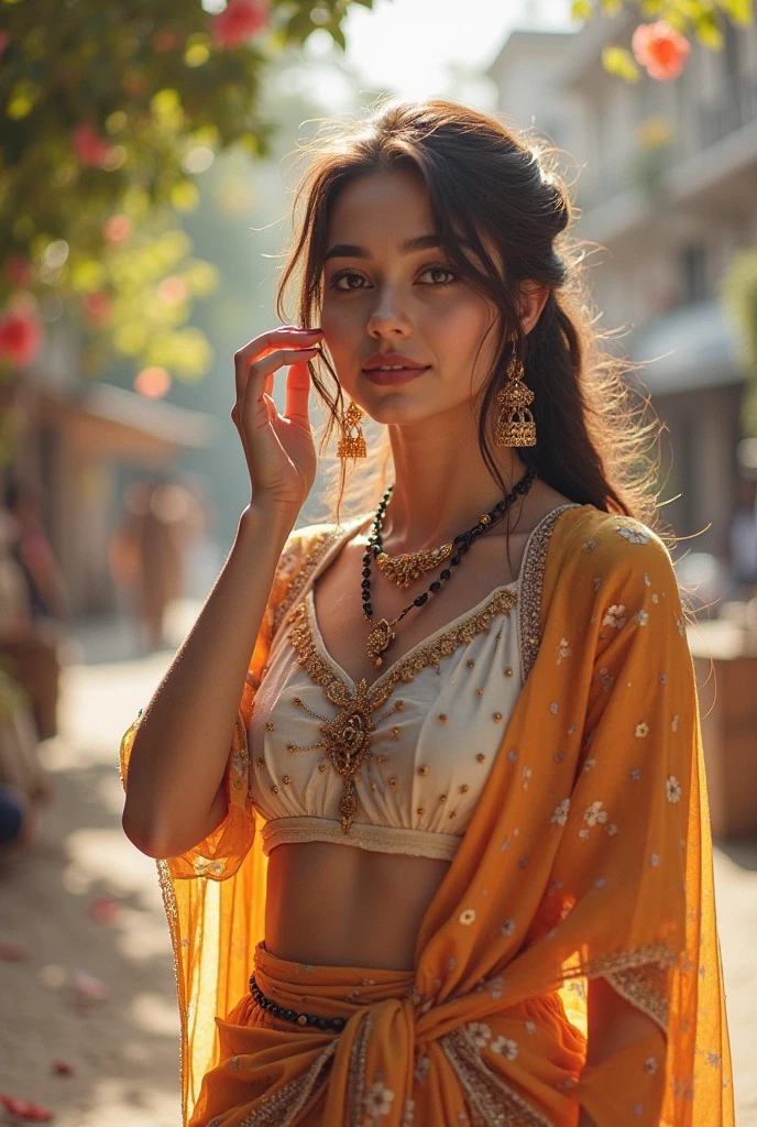Beautiful girl, 25yo girl, beautiful orange kurti dress, covering her body with transparent chunari, (orange bindi on head), dur daytime, yamamura, calm and cool, Detailed body, ((white skin)), Detailed face, ((orange eye)), (glowing pupils), ((pink lips)), sharp nose, shiney body, Gorgeous, A hyper-realistic, Charming, beautiful, Long braided hair, Ambient lighting, Foggy, Winters, Detailed background, Volumetric lighting, Shadow, 8K