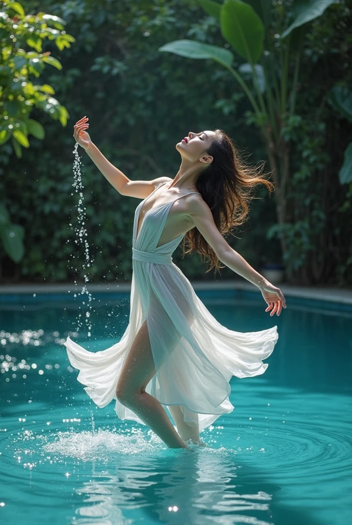 Best quality, Masterpiece, beautiful woman diving off a pier into a lake, wearing a silver evening gown, black hair in elegant updo, elegant dive