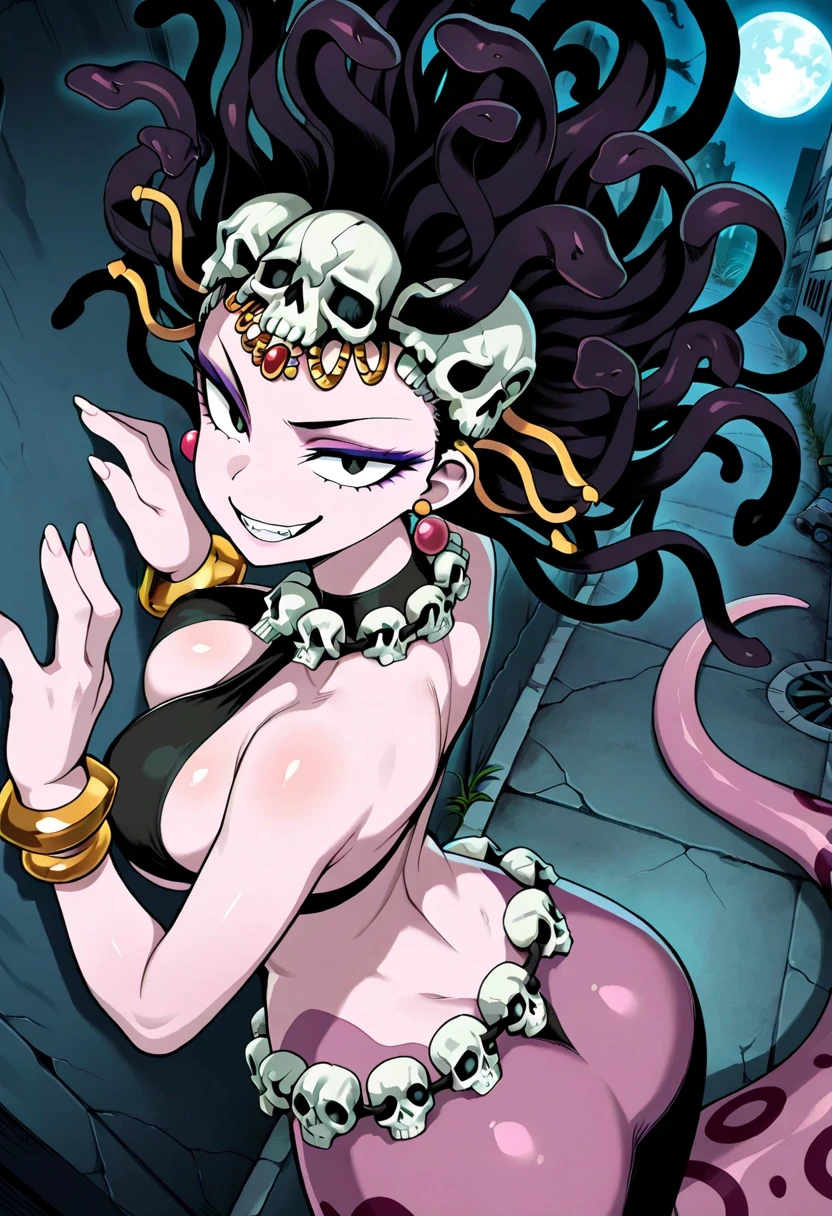 <lora:FEATURE_snakeHair_snakeHairV6:0.8>, medusa, snake hair, 64K, f1.2, 800mm, UHD, dynamic lighting, 1girl, dark purple eyes, buzz cut, ruby skin, Concrete hair, full body