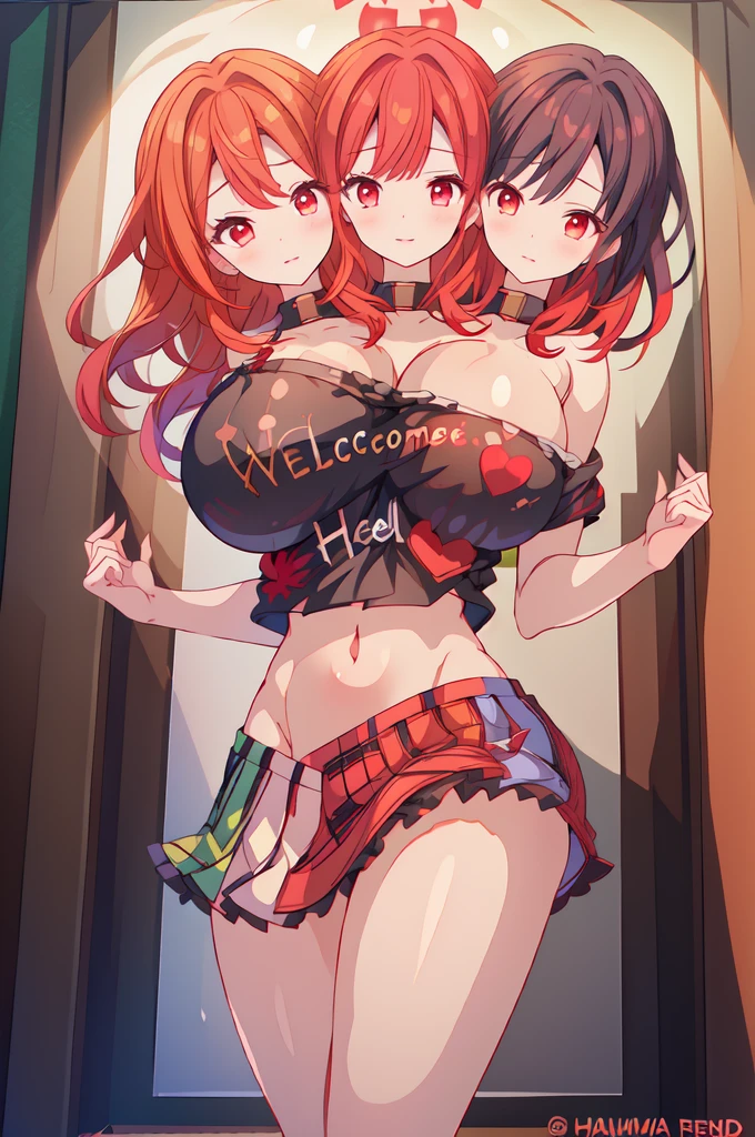 (masterpiece, best quality), best quality, (ultra-detailed), (3heads:1.5), 1girl, (hecatia lapislazuli:1.3), masterpiece, (high quality), (high resolution), (best quality:1.5, highres, UHD), highres, absurdo, ultra detail, ultra quality black top, crop top, ((stomach)), midriff, ((groin)), plaid skirt, miniskirt, multicolored skirt, normal ears, shackles, red hair, very long hair, wavy hair, sidelocks, red eyes, parted lips, open belly, sweat, cute, toned belly, hand on own chest, eyelashes, (24 year old woman:1.3), (masterpiece:1.5), (best quality:1.5), (beautiful detailed), extremely detailed CG, extremely delicate and beautiful, depth of field, (finely detailed face), (perfect details:1.2), (mature female:1.3), wide pelvis, slender, large veiny breast, 16k resolution, high quality, high definition, extremely detailed, masterpiece, best quality, red hair, long hair, alluring presence, twin braid, short skirt, close up, very big tits, huge tits, young, striped, earth (ornament), moon (ornament), girl with three heads, three headed girl, ((redhead)),
