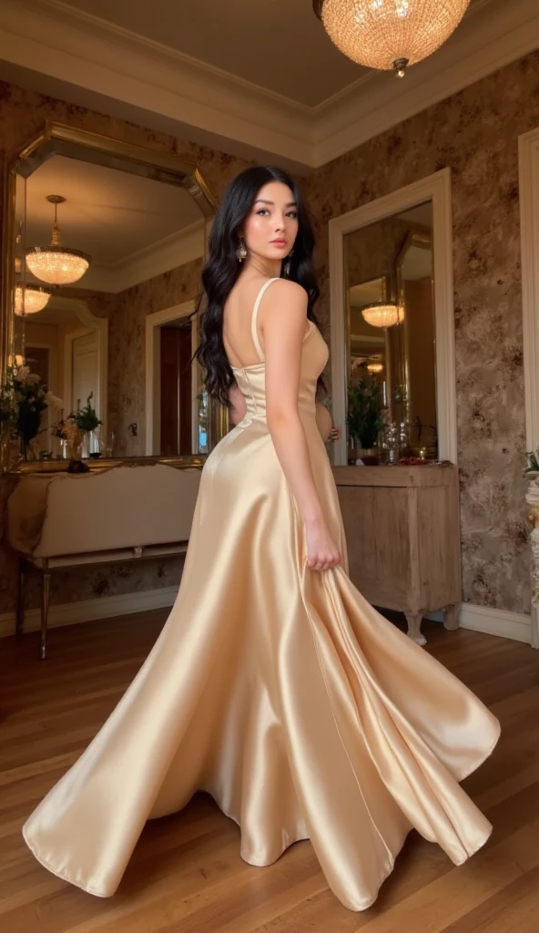 (Female: 1.2), (slim figure), (smile), (5 thumbs), (large breasts: 1.2), (dark brown hair color), (brown eyes), (mullet head binding), (yellow sexy wedding dress), (ring finger diamond ring), (mercury heels), (necklace), (bracelet), bridal shop, masterpiece, realism