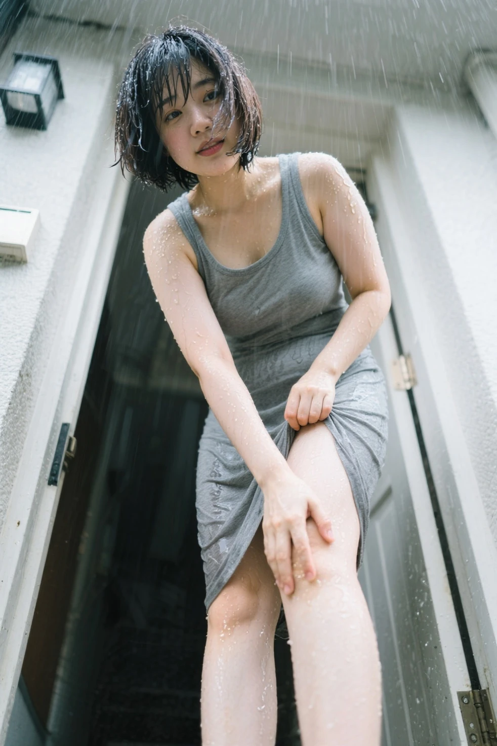 ((standing)) , (both hands on knee) , leaning forward , master piece , best quality , highly detailed , (matured female) , blouse , japanese