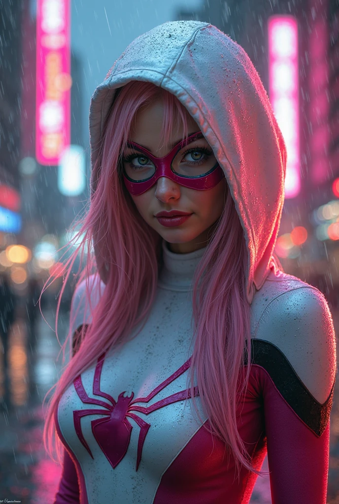 [A young woman with blonde hair wearing a pink hooded athletic jacket with black and pink accents and white athletic pants], [looking towards the viewer with a neutral expression, turning slightly to her right], in a [rainy urban street scene with blurred city lights and buildings in the background]. Style: Photorealistic Lighting: Moody, reflective street lighting with neon glows from street signs and traffic lights Composition: Medium shot, slight low angle, rule of thirds Details: Wet pavement reflecting vibrant pink and orange neon lights, blurred car lights in the background, detailed textures on the jacket, subtle raindrops on surfaces Quality: High Detail, 4K, Masterpiece