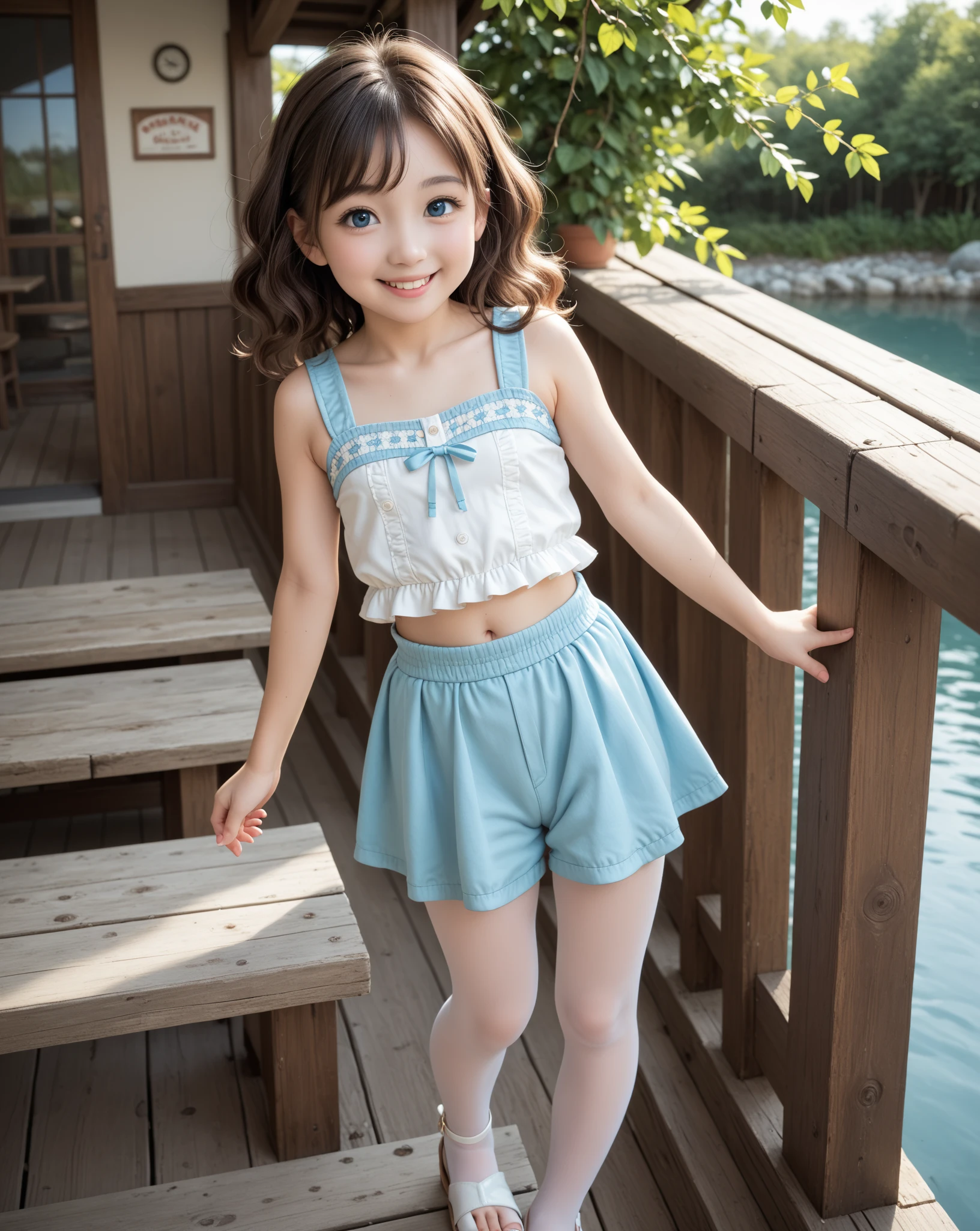 ((Highest quality)), ((masterpiece)), (Familiar), Perfect Face,Japanese,9 years old,girl,cute,Primary school students,Midsummer,camisole,Tank top,mini skirt,Playing in the river