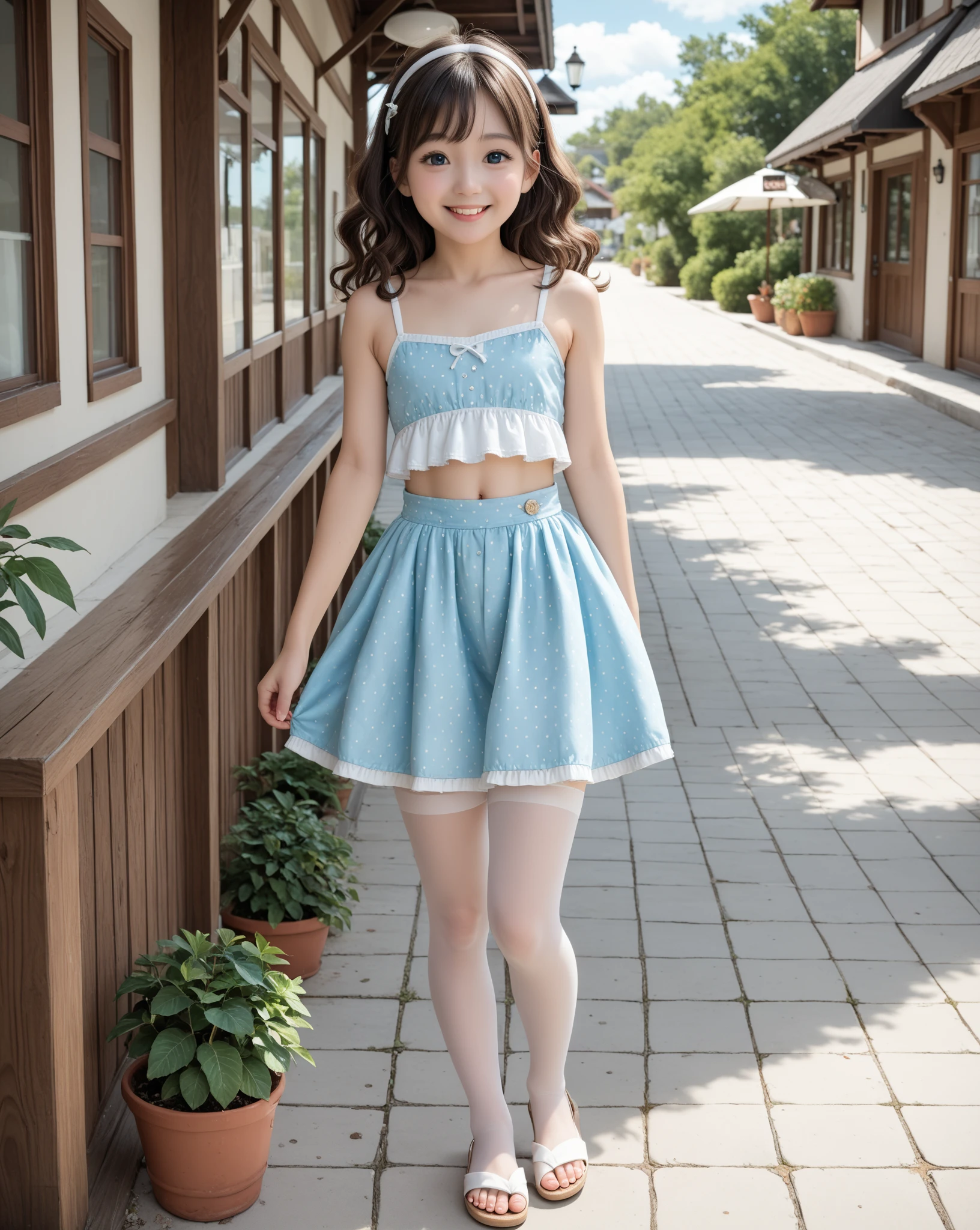 8K,masterpiece,Portrait Photography,Japanese,8-year-old girl,Big eyes,Fine grain,delicate,Extremely small breasts,Neat,Cute outfit,Playing on playground equipment in the park,Bright spot,The light makes the clothes transparent,Girlish clothes,Summer Dresses,separate,Quite short in length,My belly is visible,Beautiful light blue outfit,Tank top,Extremely short skirt,Micro Mini Skirt,Micro mini chiffon skirt,Lace hem,Lace on the chest,ribbon,Medium-long hair,Cute sandals,Cinematic lighting,Natural smile,Natural pose,Reader model for children's fashion magazine,