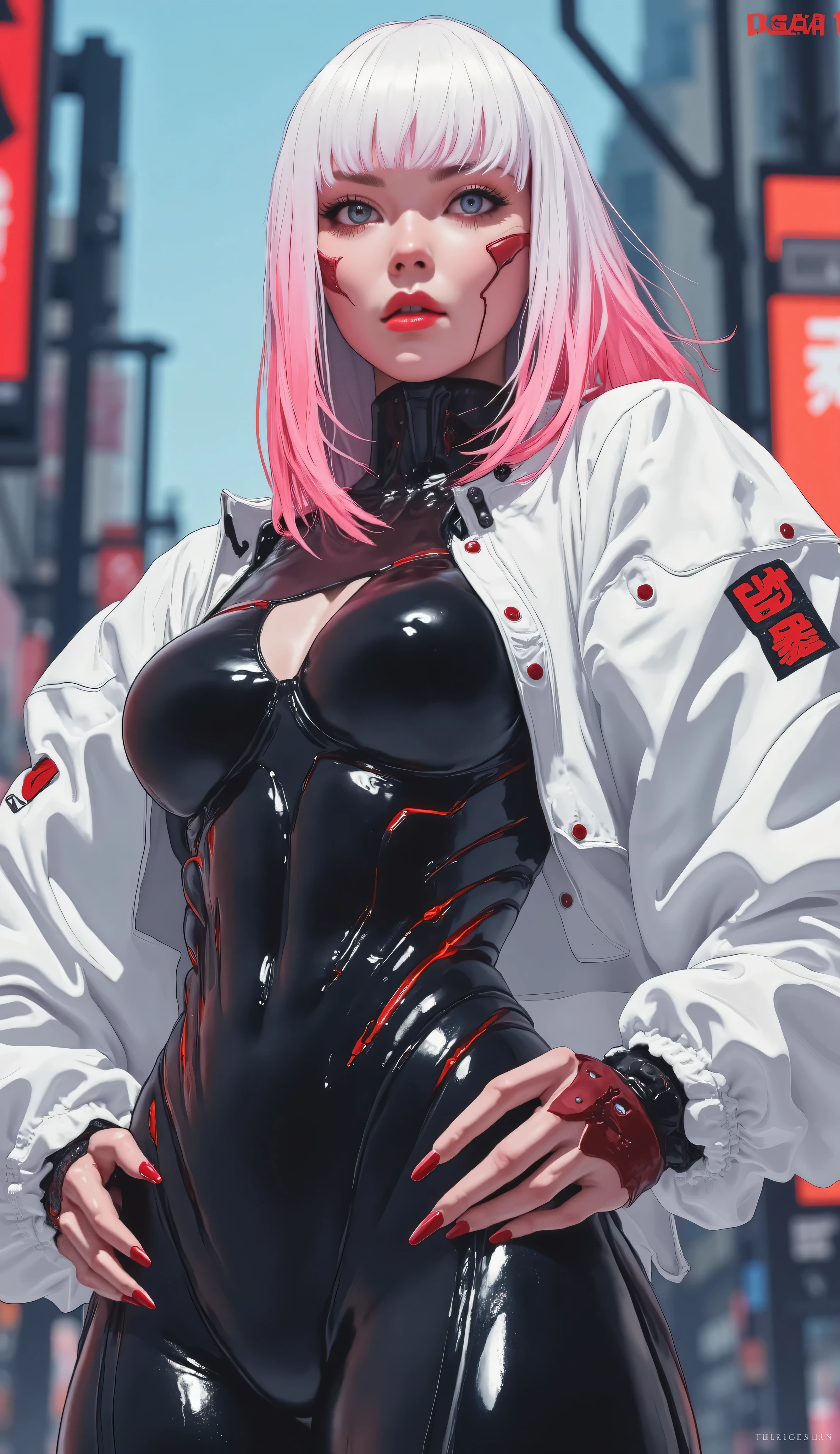 a beautiful woman with fair skin, dark blue eyes, well-defined and delicate lips, pearly white hair in a Jellyfish Cut style with straight bangs and salmon pink highlights making a gradient with red at the back, long matte red nails, red lipstick matching her nails, large breasts, black rubberized bodysuit with a cleavage, short white high-neck jacket, black 3/4 stockings.