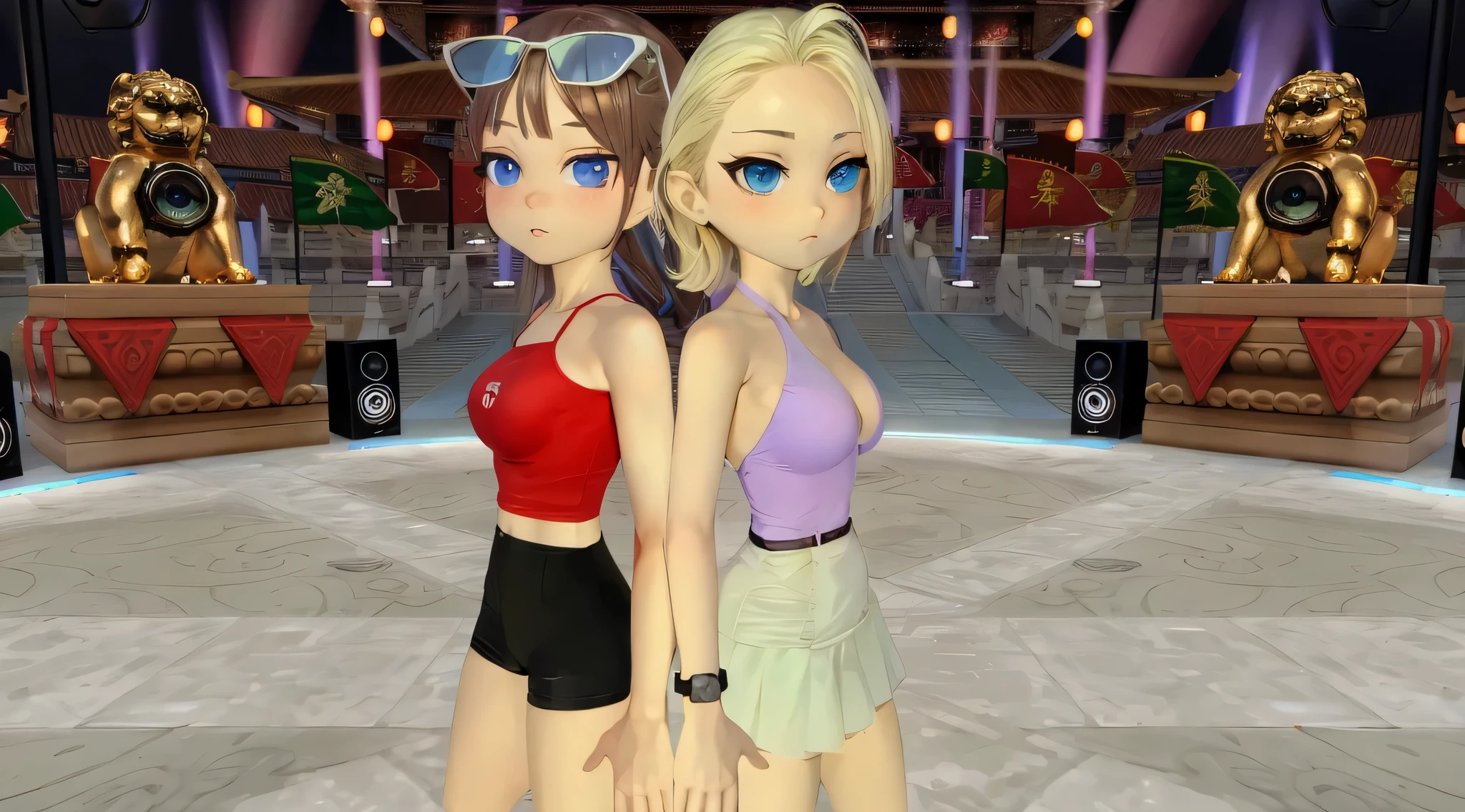 anime girl in a bikini with a knife in front of a mirror, live2d virtual youtuber model, ecchi anime style, hololive, anime styled 3d, ecchi style, various pose, ecchi, my dress up darling anime, smooth anime cg art, 3d anime girl, two beautiful anime girls, vivid color.digital 2d, symmetric!!