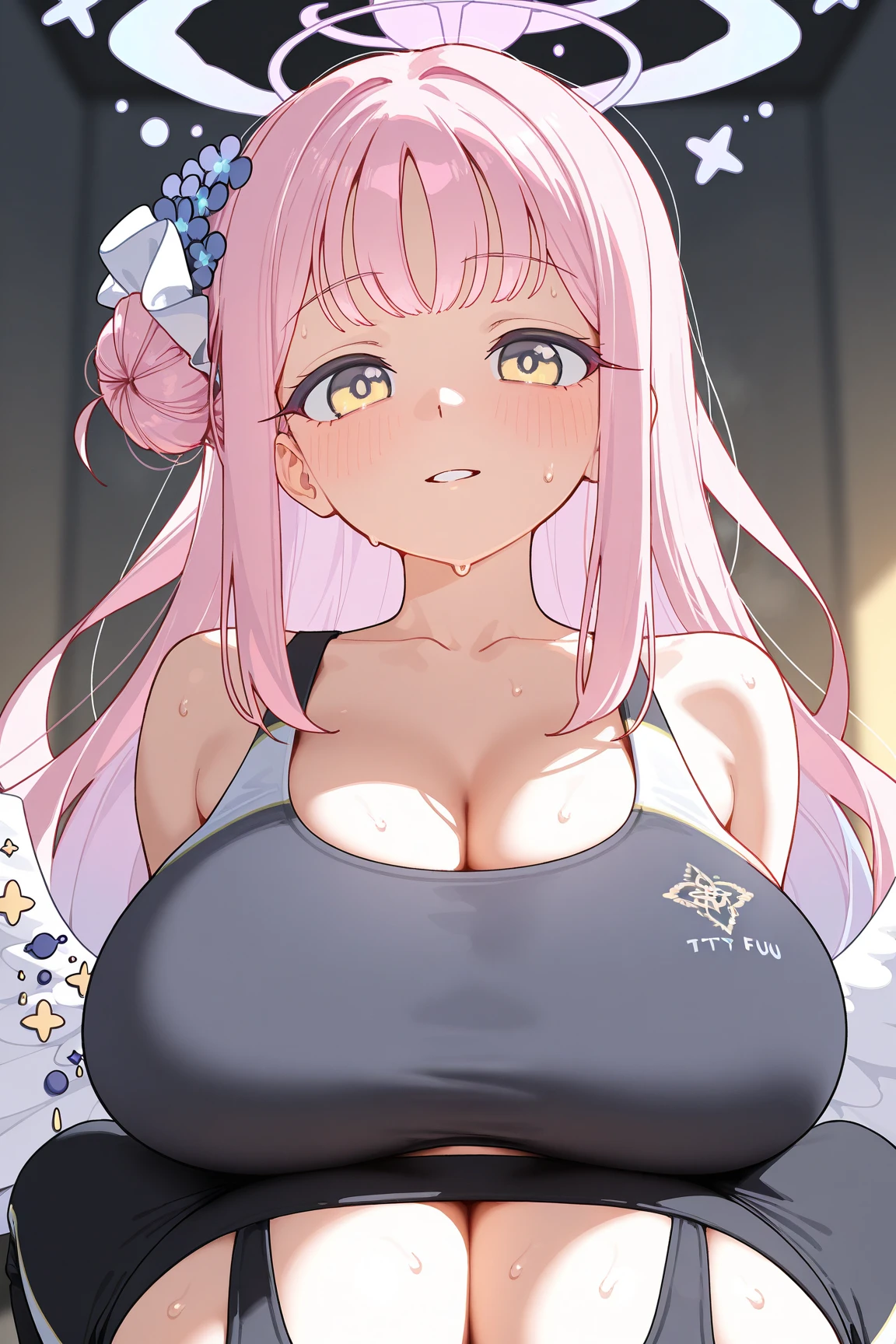 15yo girl, mini tank top, huge breast, thong, thicc thigh, pink, charming smile, light pink hair, hime cut hair, long hair, see through