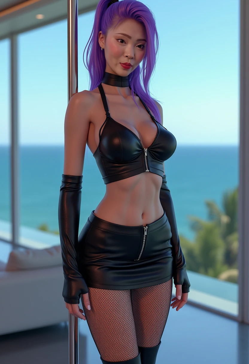 egirl, high quality fingers, normal hands, detailed fingers,masterpiece, (realistic, photo-realistic:1.37), medium breast, small waist, beautiful face, perfect illumination, beautiful detailed eyes,looking at viewer, stunningly beautiful woman, detailed hairstyle, egirl standing infront of a wall, cotton mini skirt, (fishnet top), Thigh high socks, goth,