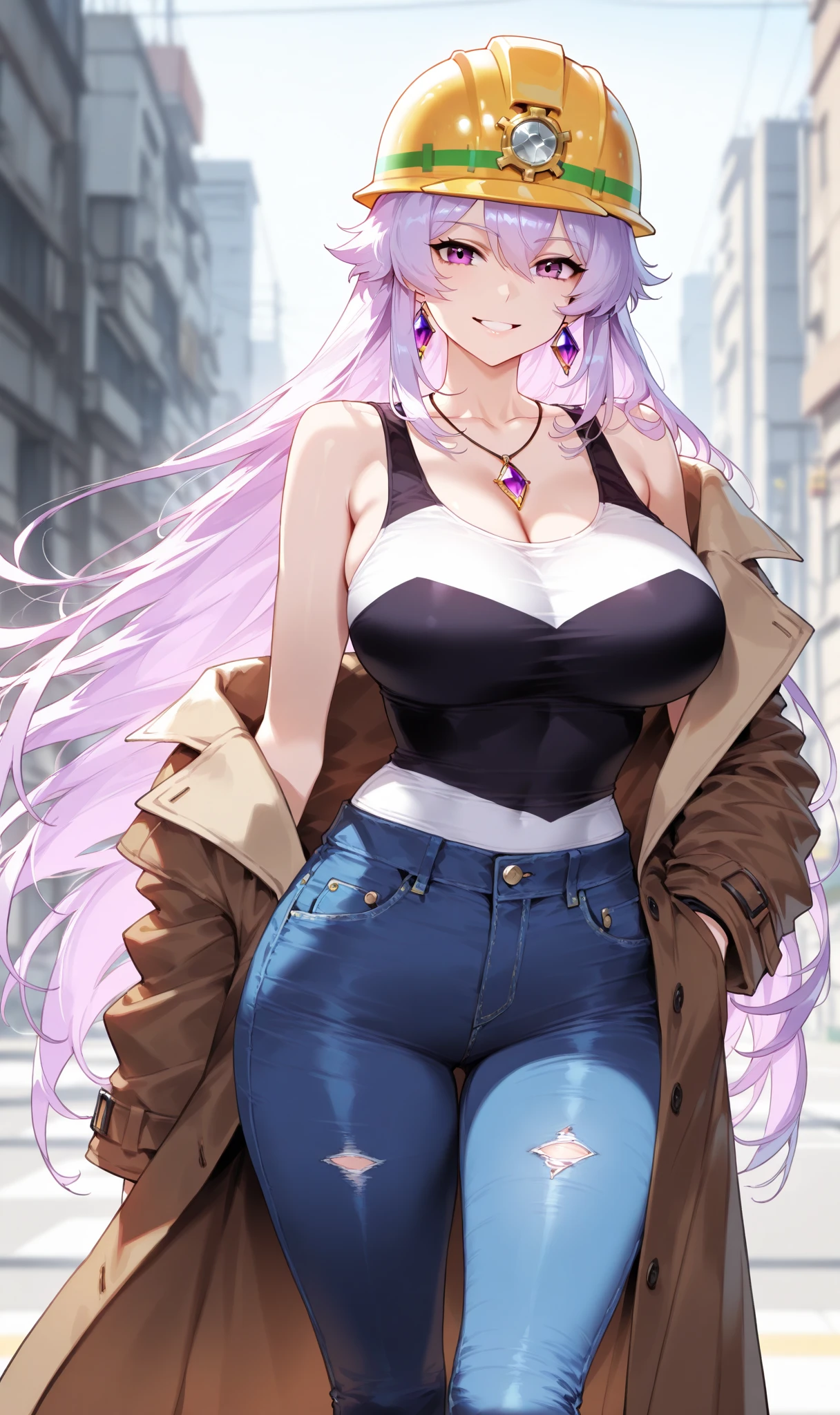 (masterpiece:1.37), best quality, (extremely detailed:1.37), woman, (very long hair:1.5), dark purple hair, purple eyes, (extremely detailed eyes:1.37), (wetting self:1.75), large breasts, stylish jacket, multicolored jackt, jeans, cleavage, navel, city, high-tech, street