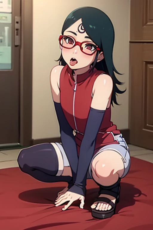 Full body, ecchi, erotic, ((highres)), Uchiha_sarada, Sarada uchiha, Masterpiece, high quality, best quality, beautiful, perfect lighting, detailed face, ultra cute face, ((1girl)), ((solo)), short black hair, black eyes, red glasses, goth girl, ((blush)), looking at viewer, black laced crop top, black leather mini skirt, fish net stockings, chocker, ((small breasts)), wide hips, ((skinny legs)), ((thigh gap)), (skinny), bedroom, (arms behind back),