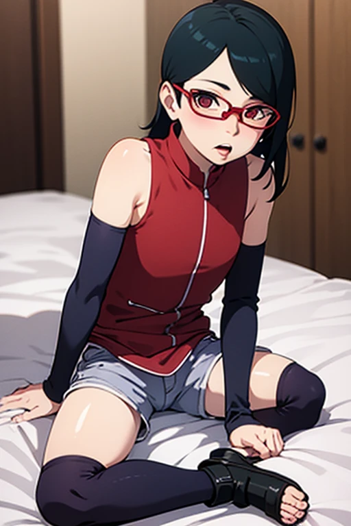 Sarada Uchiha, glasses, Short black hair, Sarada Uchiha, Tafah, Best quality,Official art,extremely detailed CG unity 8 kilos wallpaper, ((Top quality, 8 kilos, Tafah: 1.3, Ultra HD, High quality, Best quality, very accurate, realism)), Intense focus: 1.5, Exposure to pornography, (خلفية CG Unit 8K مفصلة للغاية), Dark cinematic lighting, Bedroom settings, Shiny skin, Shiny skin, Slim and slim body, hason, Slim waist, Big breasts, Flat chest, Nipples, Areola Nipples, Red eye colour, red frame eyeglasses, Iron headband bearing the Konoha logo, Temptation, open legs, Spread legs, The whole body is wet with sweat, (((Girl having sex))), The cock penetrated her vagina, Cowgirl sex, cowgirl position, riding Amazing big cock, Amazing big cock, The vagina is detailed, NSFW.،completly naked,man suck her