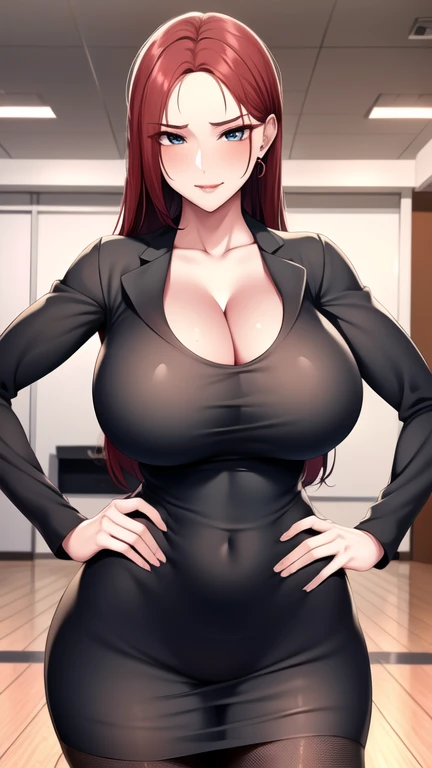 orange hair, black colored dress, blue eyes, gigantic breasts, cleavage, bare legs, smiling