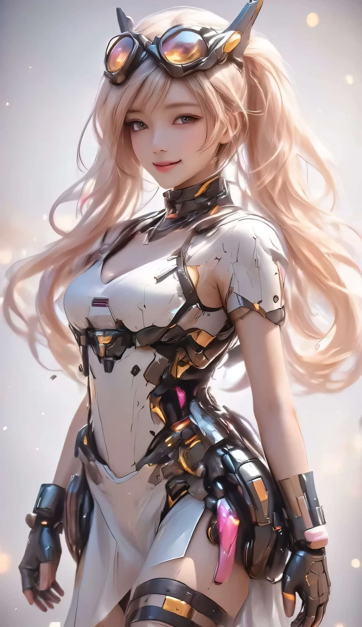 ((masterpiece,best quality)), absurdres, Layla_ML, solo, 1girl, twintails, blonde, blonde hair, long hair, very long hair, red eyes, goggles, goggles on head, gloves, thighhighs, skirt, short sleeves, fingerless gloves, puffy sleeves, brown gloves, puffy short sleeves, solo, smiling, standing, From the side , focus on your thighs, focus on breast