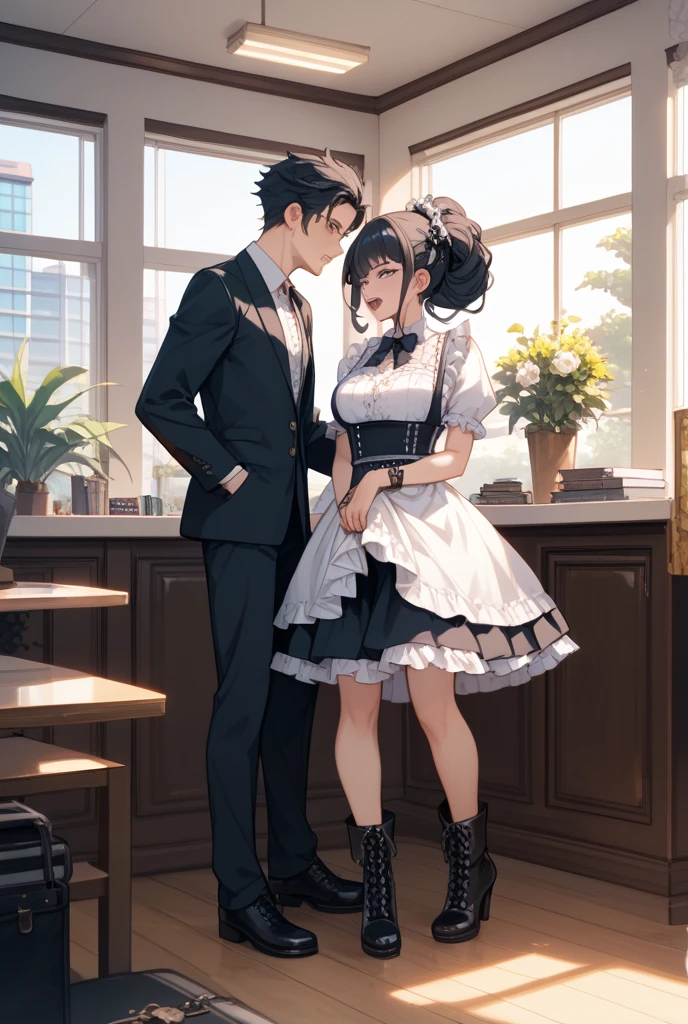 One girl, boy, From the side, Look to the side, Slender beautiful girl、 Macho faceless giant、masterpiece, Highest quality, Very detailed、man holding girl&#39;s shoulders