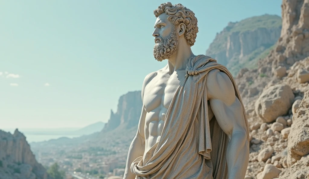 Cinematic 8K hyper-realistic, one stoic marble statue, standing, Greece in the background, dark background, Greek mythology, colossal, illuminated by a radiant light, ultra detailed, is characterized by its extraordinary physical attributes and awe-inspiring presence.