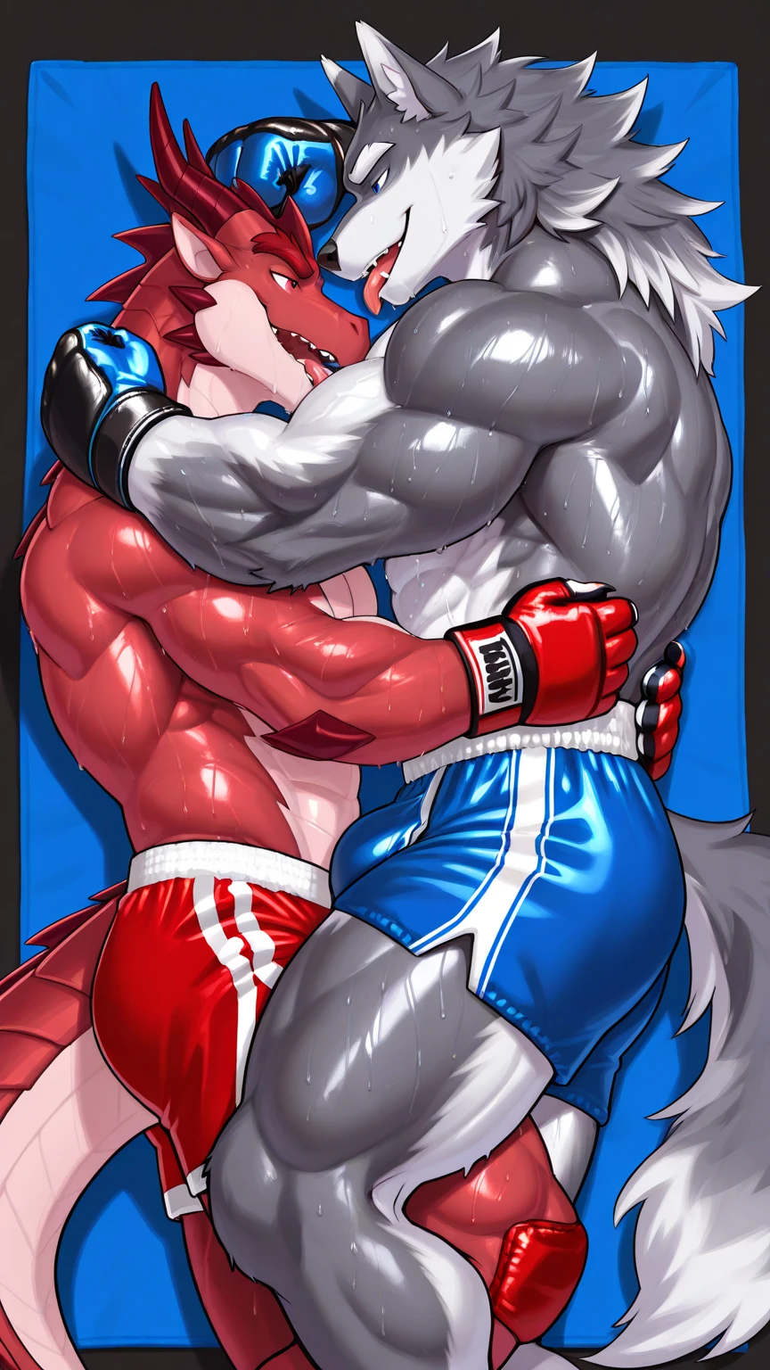 Duo big male fighters(Blue Wolf vs Red Wolf, handsomes, Thick eyebrows), beso gay((Cuddling embraced from behind in a bed match)(cuddling body frottage)), hot(Full body, shirtless), handsomes(They are handsomes, correct anatomy), musculosos(Big muscle bodies, Six packs, muscle abs, big pecs, muscle legs, muscle backs), sweaty(very sweaty wet bodies), tatuajes(they have tattoos), Angry(They have an angry expression), Boxing gloves(They both are wearing black boxing gloves), boxers(They are wearing black shorts boxers), Hight resolution
