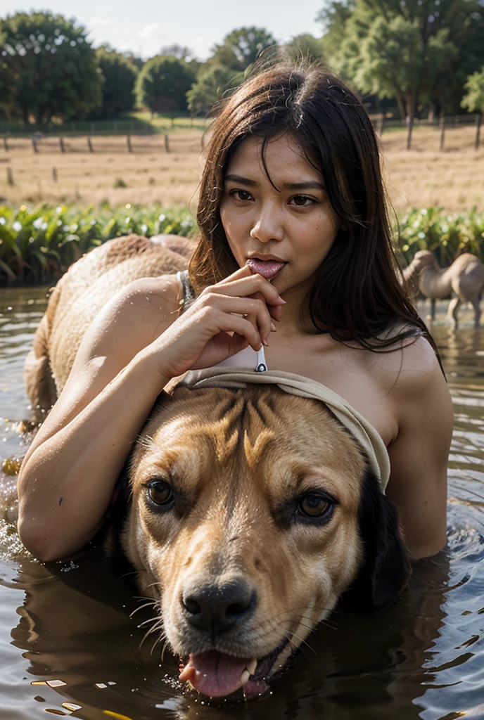 A beautiful Indonesian woman in a seductive sexy naked and covered in sweat straddles dozens of black dogs in the middle of the jungle at night and she looks very horny