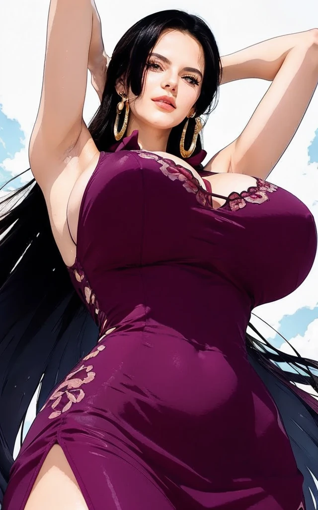Mikoto Uchiha, standing, ultra-detailed, realistic, soft lighting, (best quality,4k,8k,highres,masterpiece:1.2), (big breasts), professional, (naked), long black hair, black eyes, beautiful detailed eyes and face, extremely detailed smile, long eyelashes, looking at viewer, big ass, hands on chest, outdoors, village.