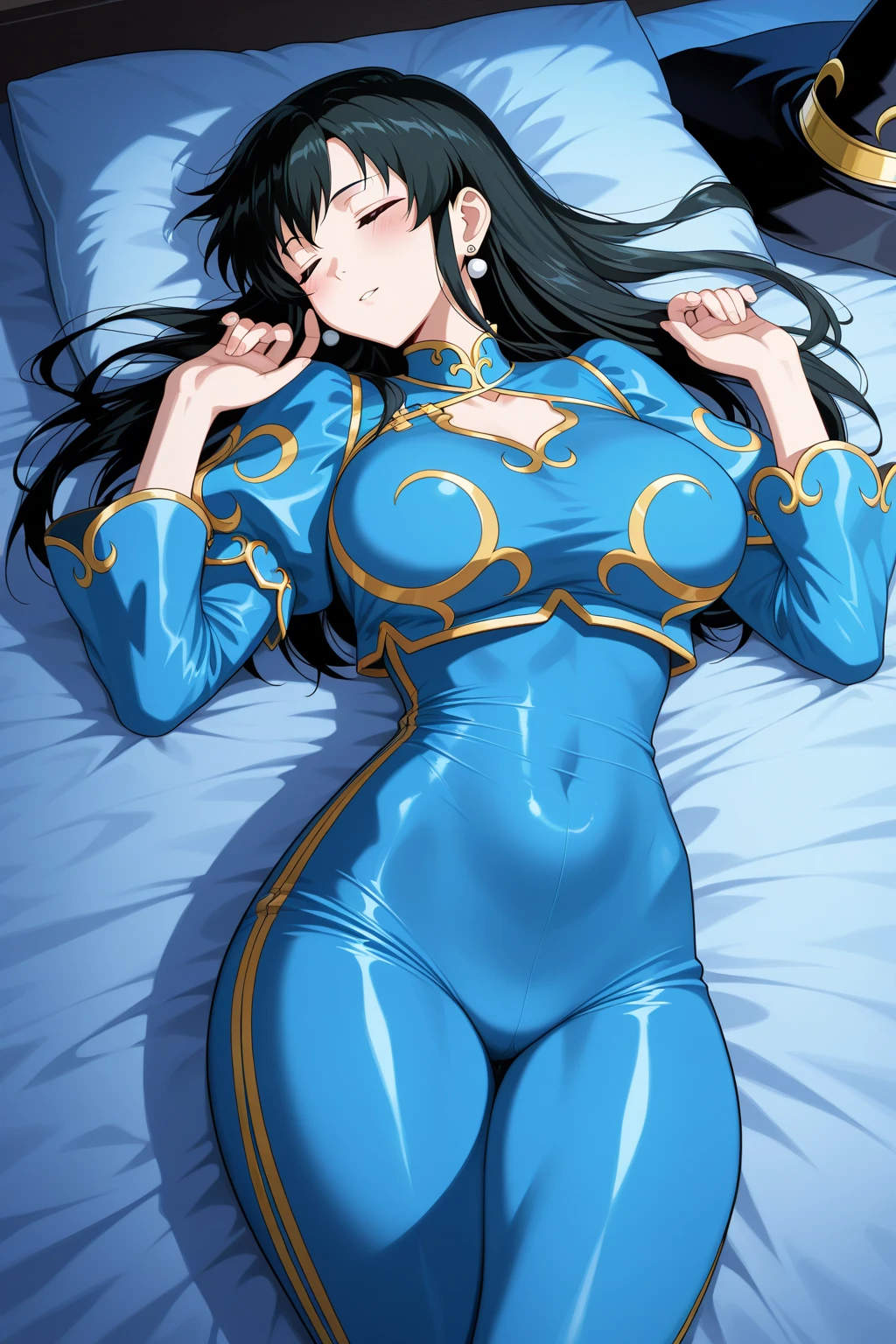 masterpiece, best quality, beautiful art, high resolution, well formed hands, body and fingers, 1 woman, solo, Sailor Mercury, sailor collar, blue makeup, elbow gloves, sailor senshi uniform, hair ornament, adult, grown up, big breasted, cleavage, full body, braided long hair, blue_japanese_clothes, wearing DOA Kasumi's blue kunoichi dress, sexy and skimpy japanese clothes, kimono peek, sleeveless, white stockings, gorgeous legs and thighs,ryona,in peril, she is defeated, knocked out, passed out, closed eyes, exhausted, unconscious, laying down on the sand, extended exposed body, full body on the sand, breathing heavily, sexy smirk on her face, bouncing breasts, sexy defeated pose, defeat and KO scene, fallen beauty, martial arts tournament with beach environment