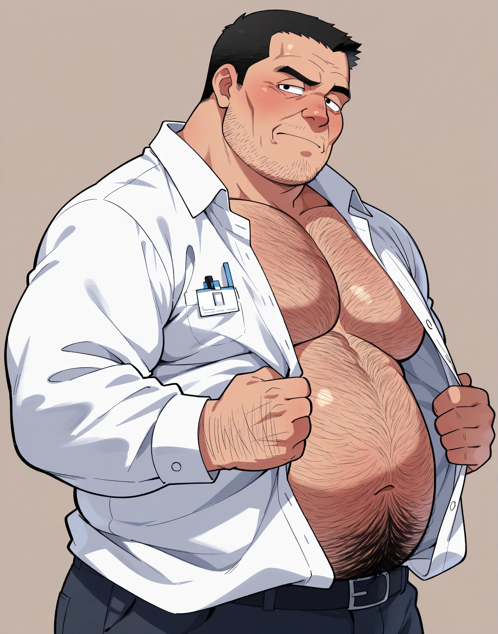 handsome doctor, hospital, stethoscope in neck, cute, muscular, hairy(stocky), dadbody, hairy chest, hairy arms; having anal sex with Patient