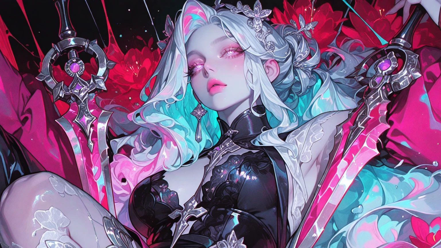 Masterpiece, Best Quality, Girls , Slender, red Eyes, Hair Color, Iridescent, Long Hair Spreading, White Skin, Medium, Cute, Sexy, wearing glasses ,horror , Bikini, Exposed Skin, Night, Psychedelic, Trip, Extreme Color, Paisley Theme, Legs, , Full Body