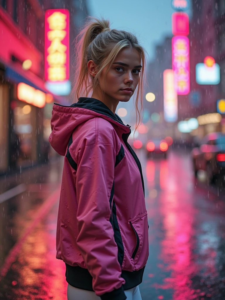 [A young woman with blonde hair wearing a pink hooded athletic jacket with black and pink accents and white athletic pants], [looking towards the viewer with a neutral expression, turning slightly to her right], in a [rainy urban street scene with blurred city lights and buildings in the background]. Style: Photorealistic Lighting: Moody, reflective street lighting with neon glows from street signs and traffic lights Composition: Medium shot, slight low angle, rule of thirds Details: Wet pavement reflecting vibrant pink and orange neon lights, blurred car lights in the background, detailed textures on the jacket, subtle raindrops on surfaces Quality: High Detail, 4K, Masterpiece