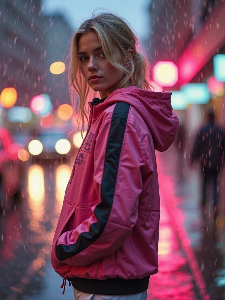 [A young woman with blonde hair wearing a pink hooded athletic jacket with black and pink accents and white athletic pants], [looking towards the viewer with a neutral expression, turning slightly to her right], in a [rainy urban street scene with blurred city lights and buildings in the background]. Style: Photorealistic Lighting: Moody, reflective street lighting with neon glows from street signs and traffic lights Composition: Medium shot, slight low angle, rule of thirds Details: Wet pavement reflecting vibrant pink and orange neon lights, blurred car lights in the background, detailed textures on the jacket, subtle raindrops on surfaces Quality: High Detail, 4K, Masterpiece