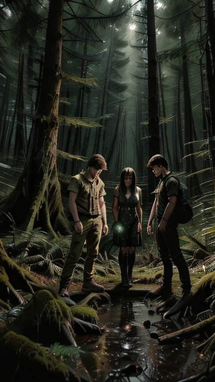 group of teenagers with flashlights, standing near moss-covered well in forest, dusk lighting, horror trill vibe