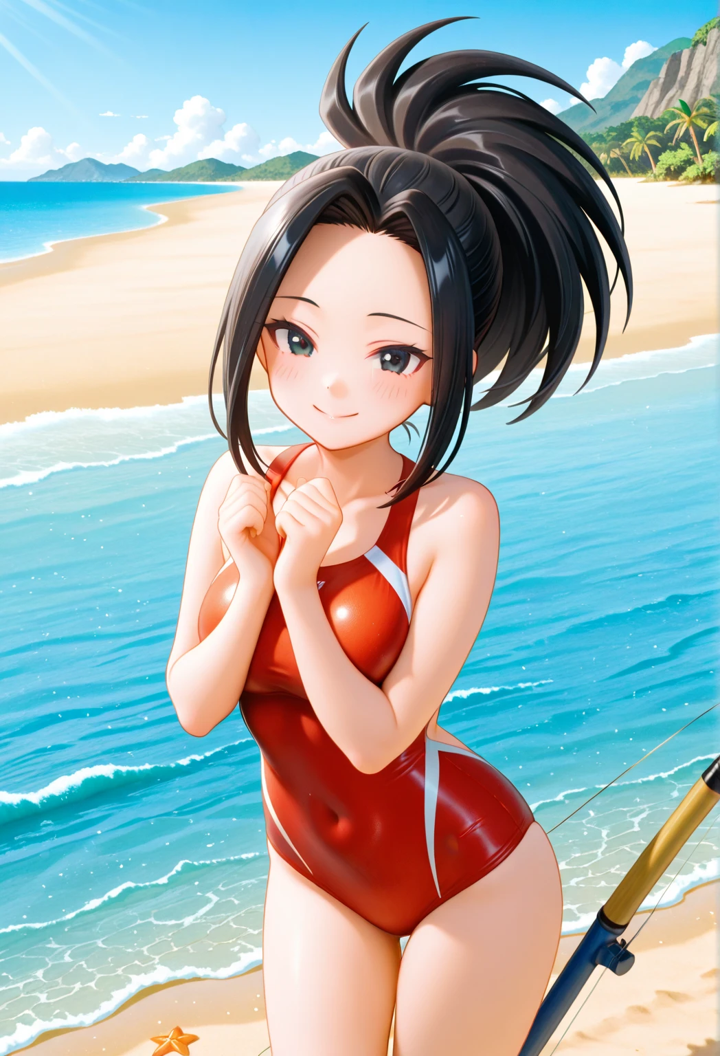 masterpiece, high quality, 1girl, bllena, medium shot, upper body, twintails, bikini, big breats , huge ass, Bent down, showing ass, pussy (dynamic pose), smile, outdoors, beach