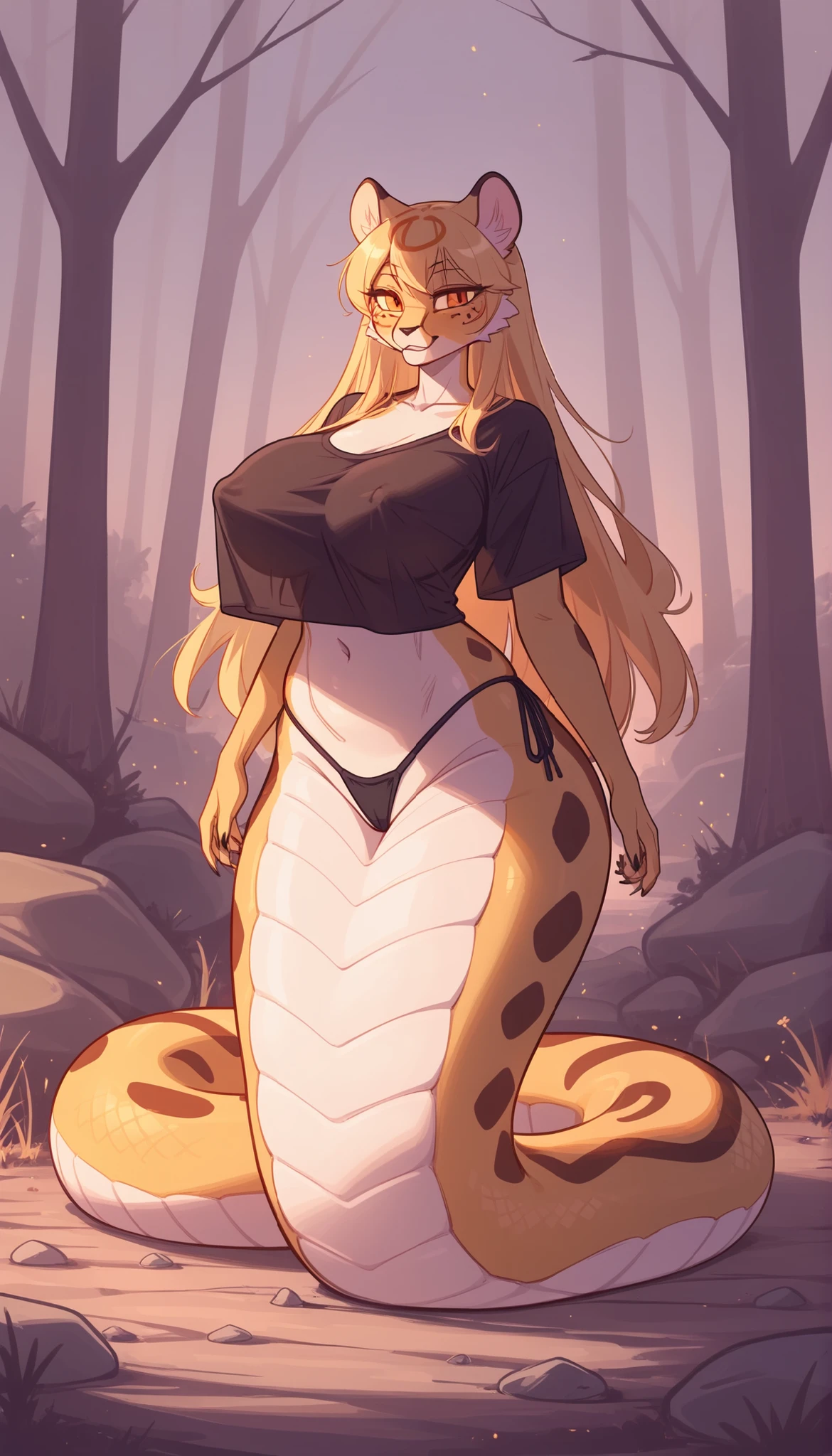 A furry anthro, cheetah girl, wearing a thong and an oversized tshirt, long hair, in the woods, thick thighs, mwdium , nipple bulge, lamia, lamia thick snake body, full body