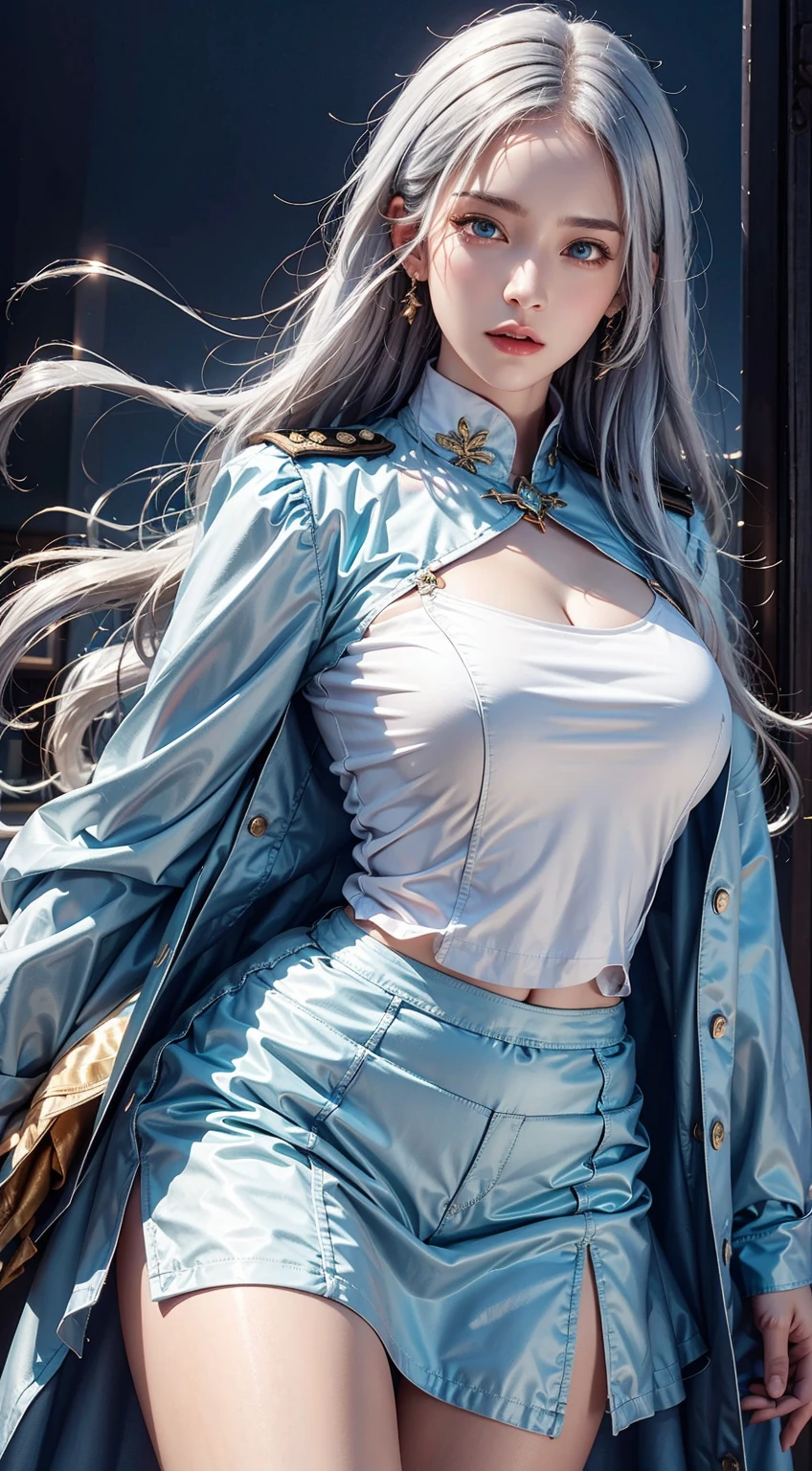 photorealistic, high resolution, soft lights, 1women, solo, hips up, (blue eyes, long hair, white hair), prisoner uniform, prison, hips up