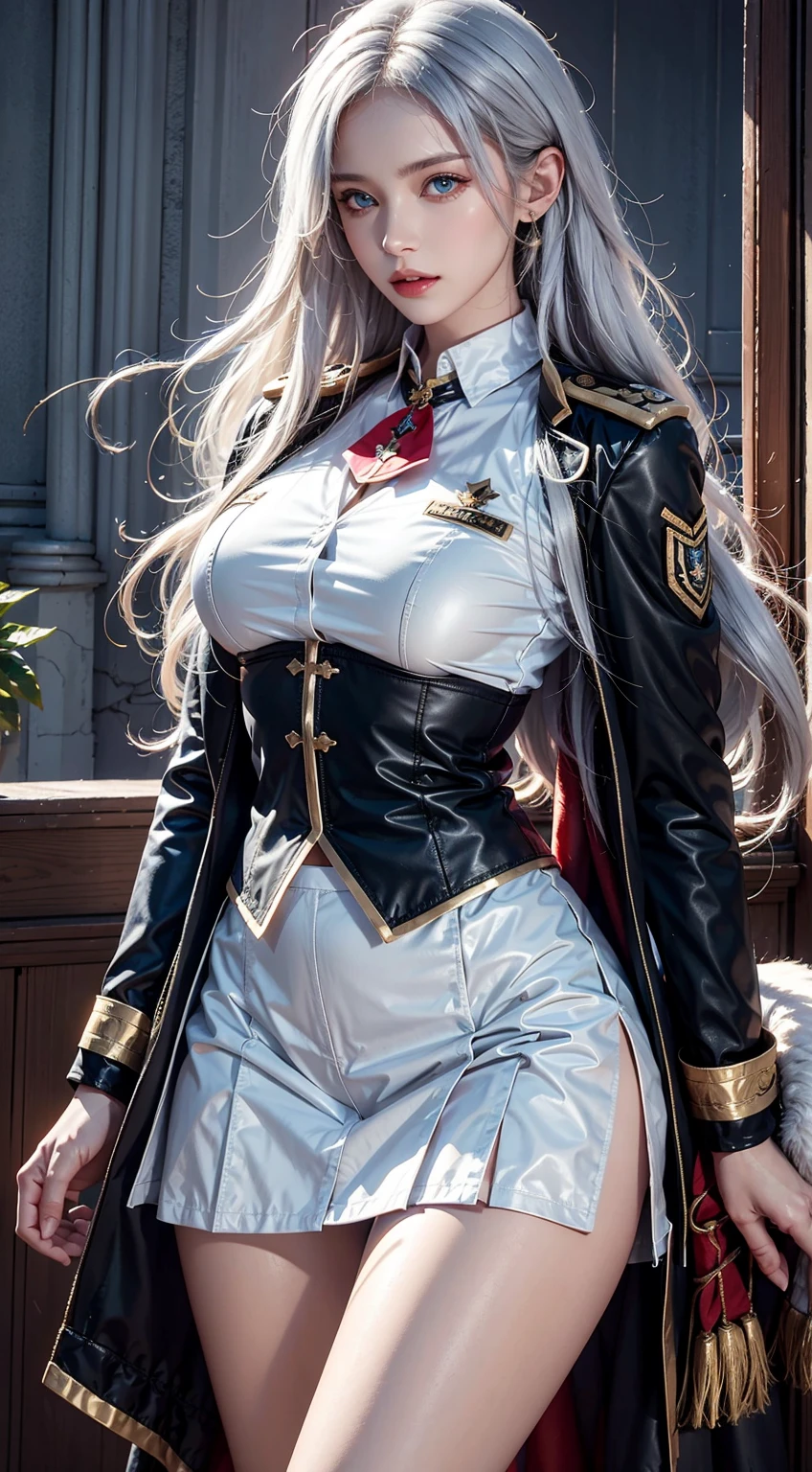 photorealistic, high resolution, soft lights, 1women, solo, hips up, blue eyes, white hair, long hair, military uniform, jacket, shirt, skirt
