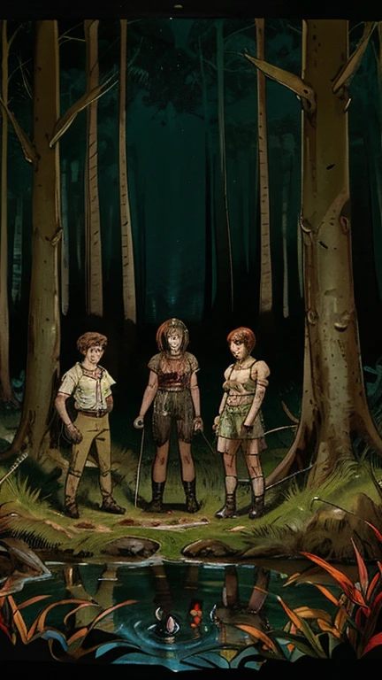 group of teenagers with flashlights, standing near moss-covered well in forest, dusk lighting, horror trill vibe
