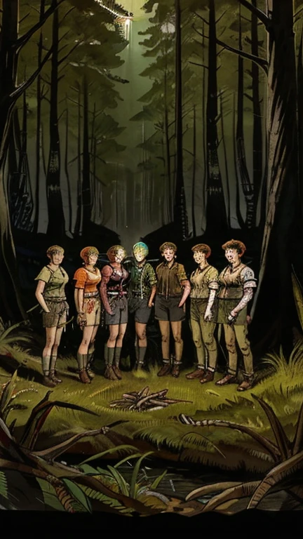 group of teenagers with flashlights, standing near moss-covered well in forest, dusk lighting, horror trill vibe
