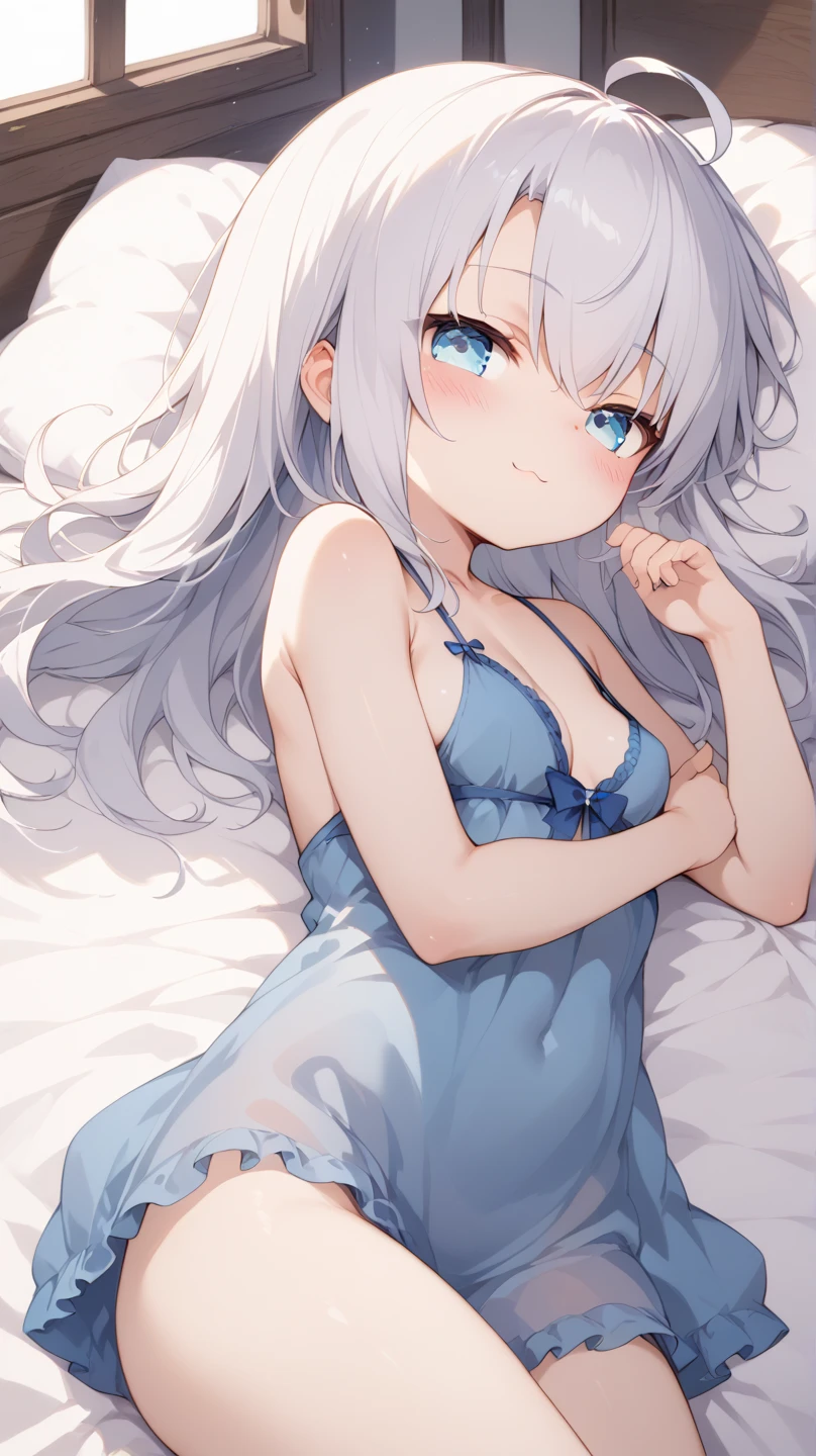 beautiful, masterpiece, Highest quality, anime, One girl, C Cup,Portrait Shot, View your viewers, Intricate details,>,((Covered、Short Hair、nearby、Blue Eyes、art、White hair,Blue streaked hair、wallpaper、silk_White Knee Highs、hairpin、smile、Thighs、、lotion、Lying on your back、Armpit、silk_White school swimsuit